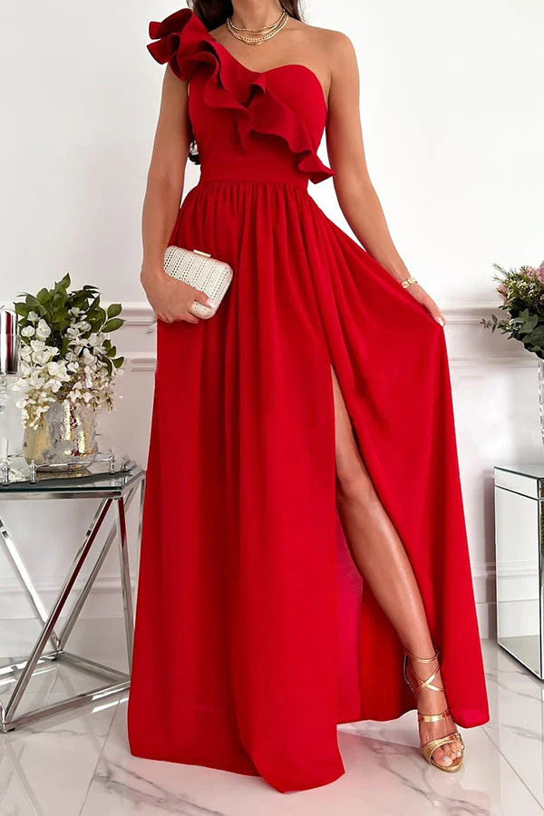 Damen Maxikleid mit asymmetrischem Schnitt und voluminösem Rüschendetail EB