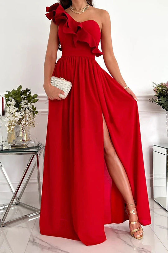 Damen Maxikleid mit asymmetrischem Schnitt und voluminösem Rüschendetail EB