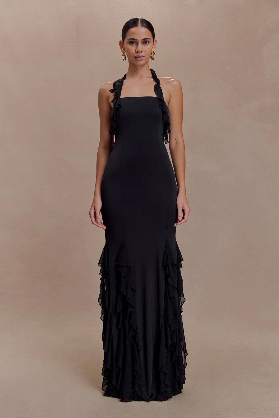 Damen Elegantes Langarm-Maxikleid mit Rüschendetails EB