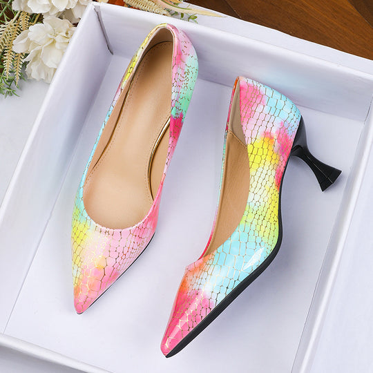 Damen spitze High Heels mit buntem Schlangen-Design EB