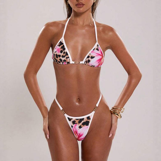 Damen Triangel-Bikini mit fröhlichem Blumendruck und tierischem Muster EB
