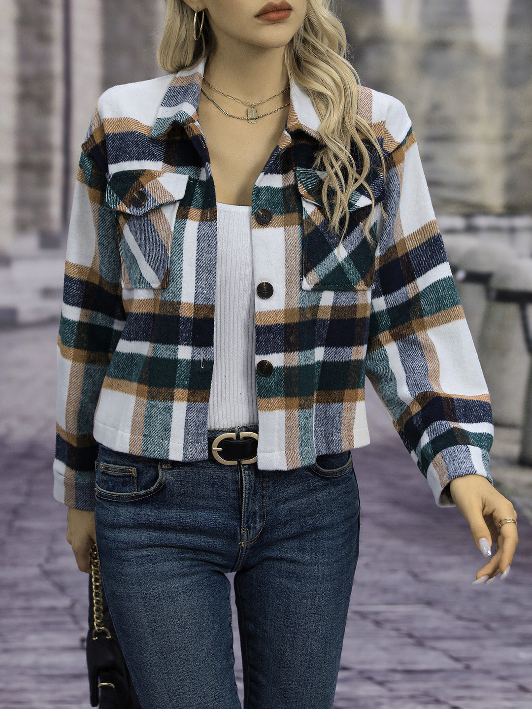 Damen Karierte Flanelljacke mit Taschen EB