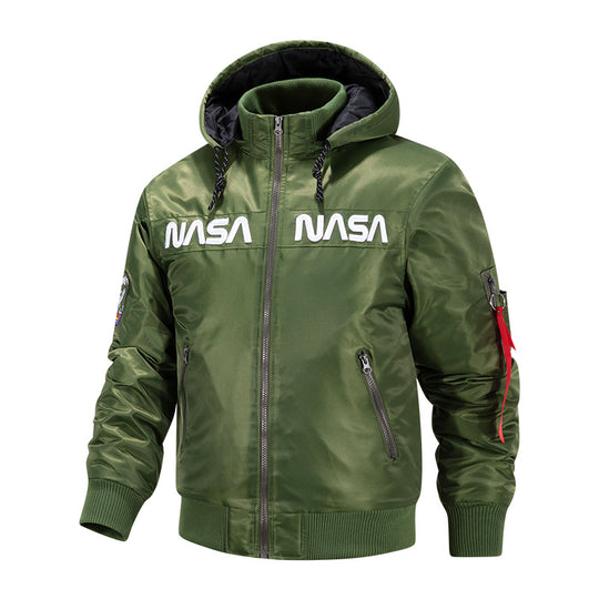 Men's  quilted-lined hooded pilot bomber with high-neck rib collar and zip sleeve utility pocket EB