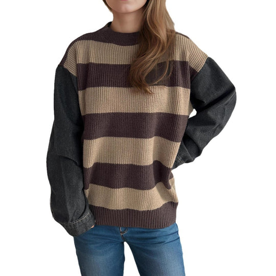 Damen lässiger Strickpullover mit auffälligem Blockstreifenmuster und weiten Ärmeln EB
