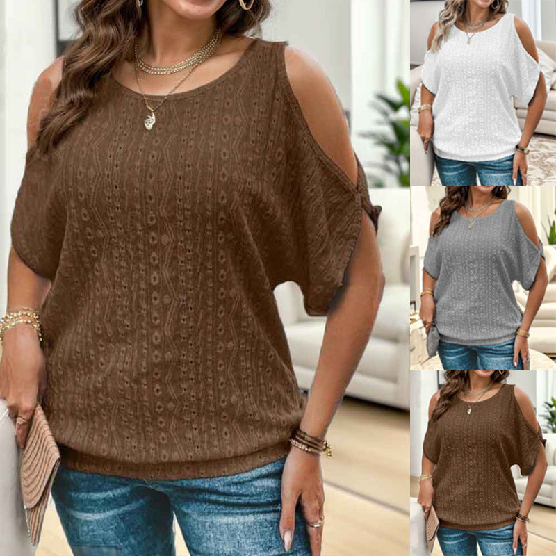 Damen modisches Oberteil mit offenen Schultern und strukturierter Stricktextur EB
