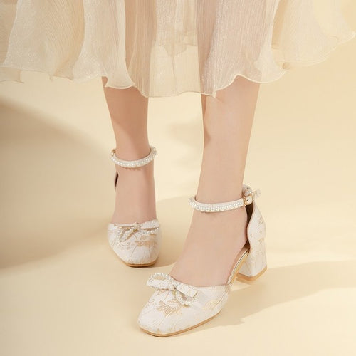 Damen elegante Pumps mit zierlichem Schleifenakzent und perlverziertem Riemen EB