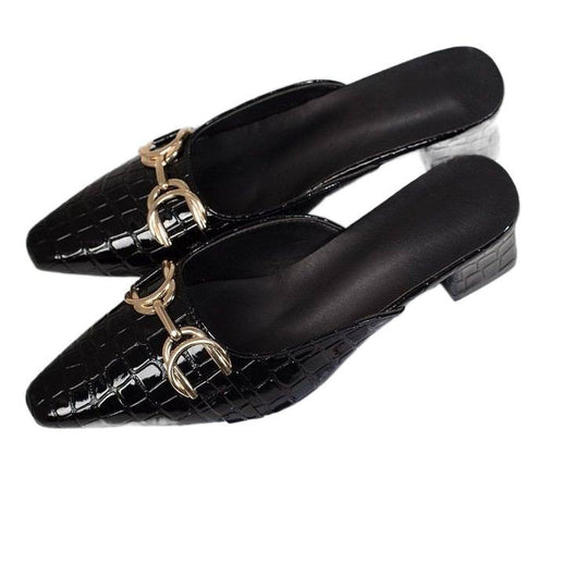 Damen elegante Mules mit Krokoprägung und dekorativen Schnallen EB