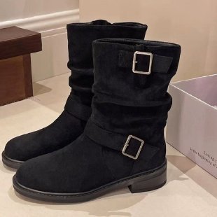 Damen modische Stiefel mit elegantem Riemen und rohem Look EB