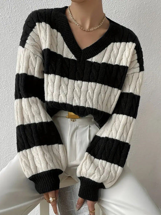 Damen V-Ausschnitt Strickpullover mit Rippstruktur und langen Ärmeln EB