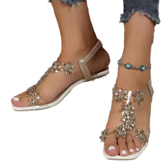 Damen Glamouröse Sandalen mit transparentem Blockabsatz und funkelnden Blumenapplikationen EB
