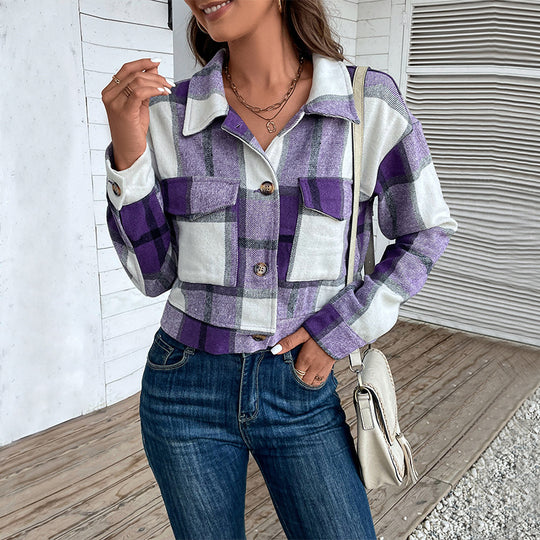Damen Karierte Denimjacke mit Knöpfen und Brusttaschen EB