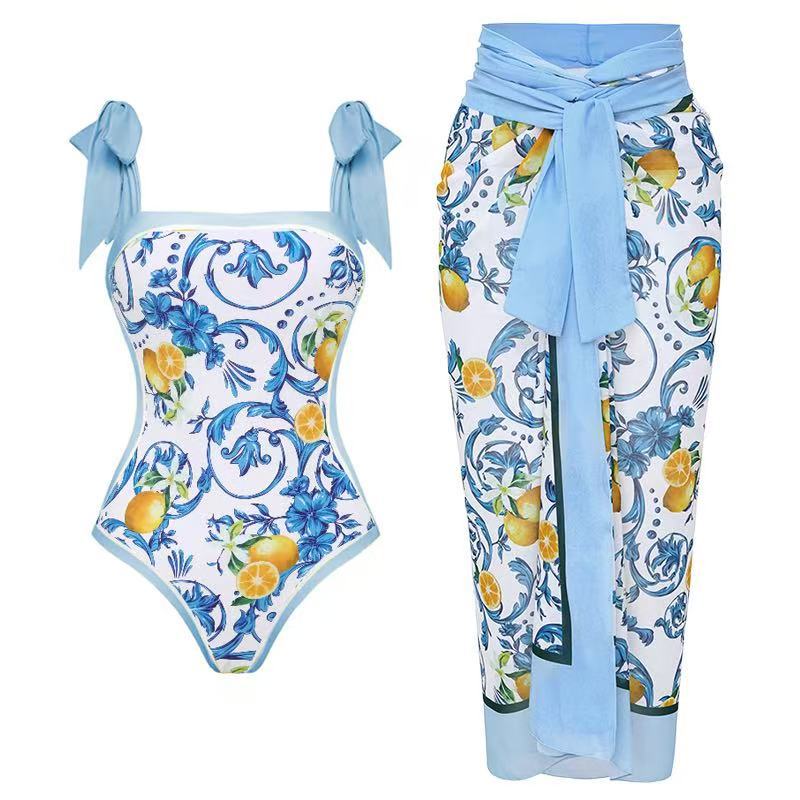 Damen Badeanzug mit floralem Design und transparentem Wickelrock EB