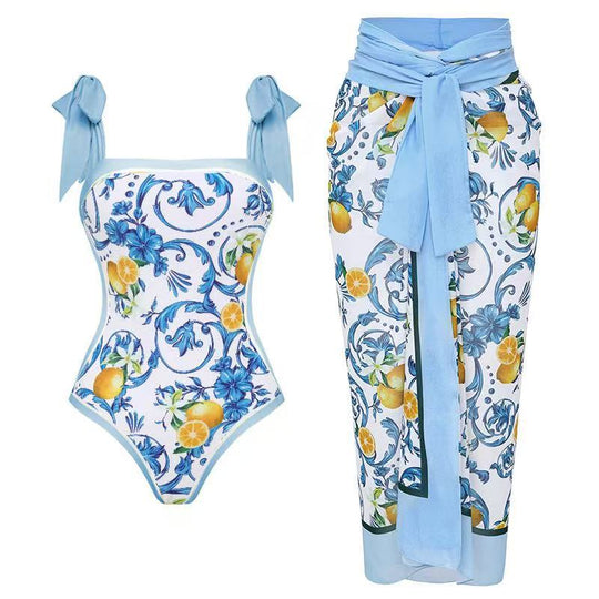 Damen Badeanzug mit floralem Design und transparentem Wickelrock EB