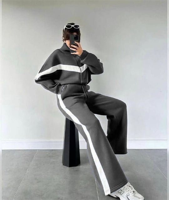 Damen nan zweiteiliges Lounge-Set mit Zip-Hoodie und weitem Highwaist-Hose mit Seitenstreifen EB