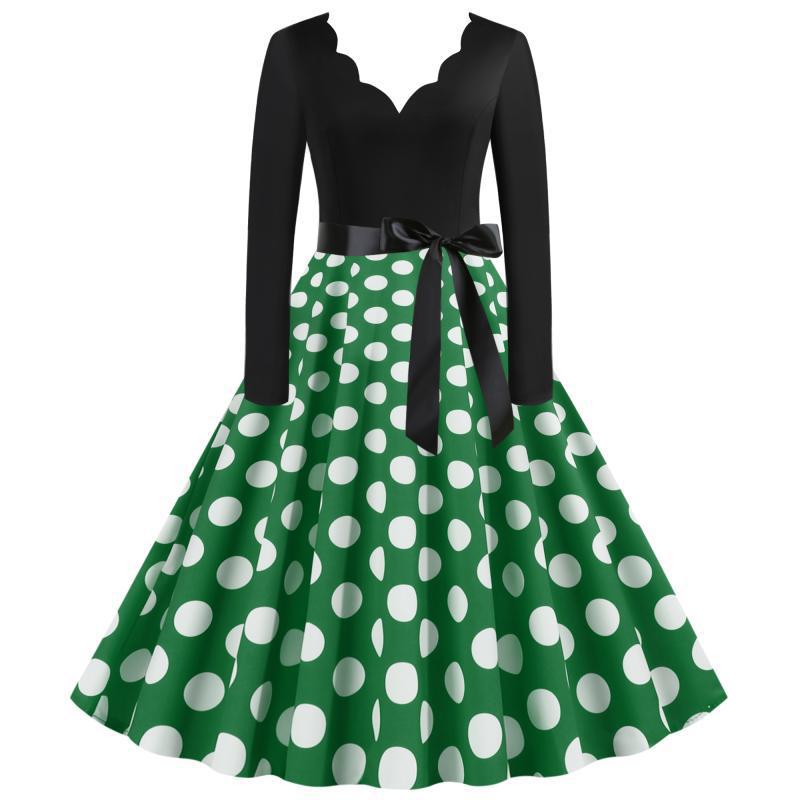 Damen Retro Swingkleid im Vintage-Stil mit welligem V-Ausschnitt, langärmliger Oberteil, Polka-Dot Tellerrock und Satin-Taillengürtel EB