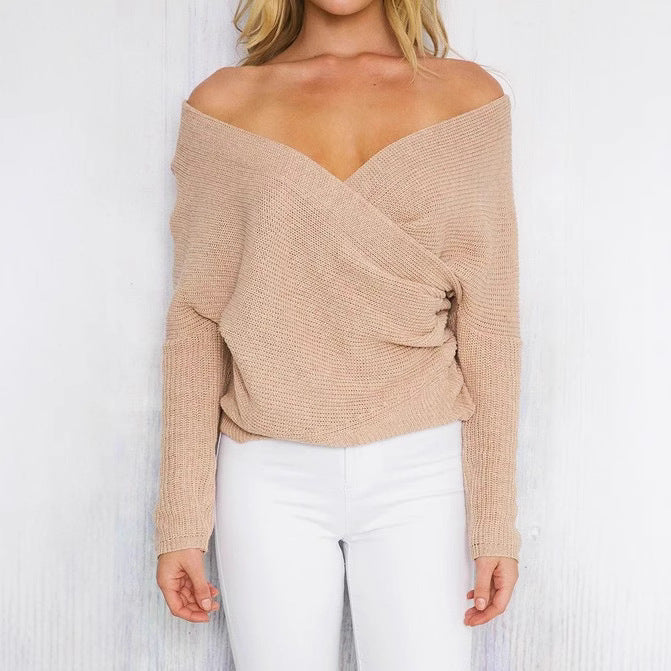 Damen Wickelpullover mit tiefem V-Ausschnitt und lässigem Schnitt EB