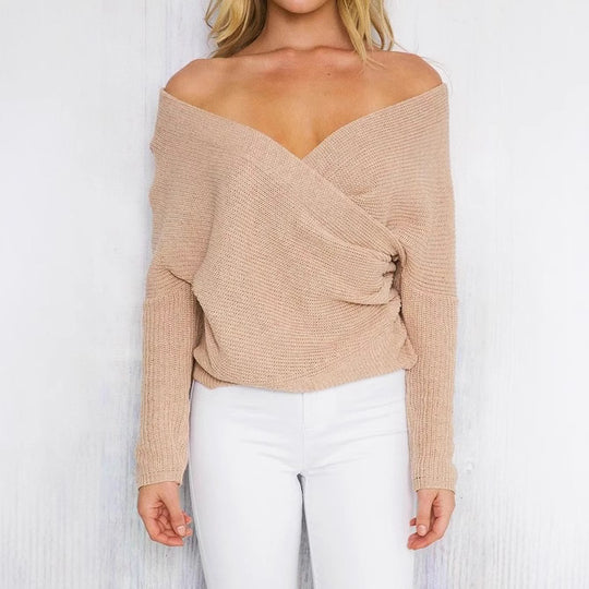 Damen Wickelpullover mit tiefem V-Ausschnitt und lässigem Schnitt EB