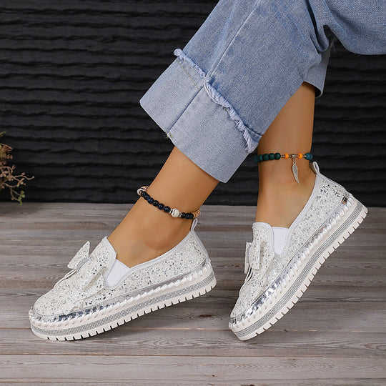 Damen modische Slip-On Sneakers mit glitzerndem Design und auffälliger Schleifenapplikation EB