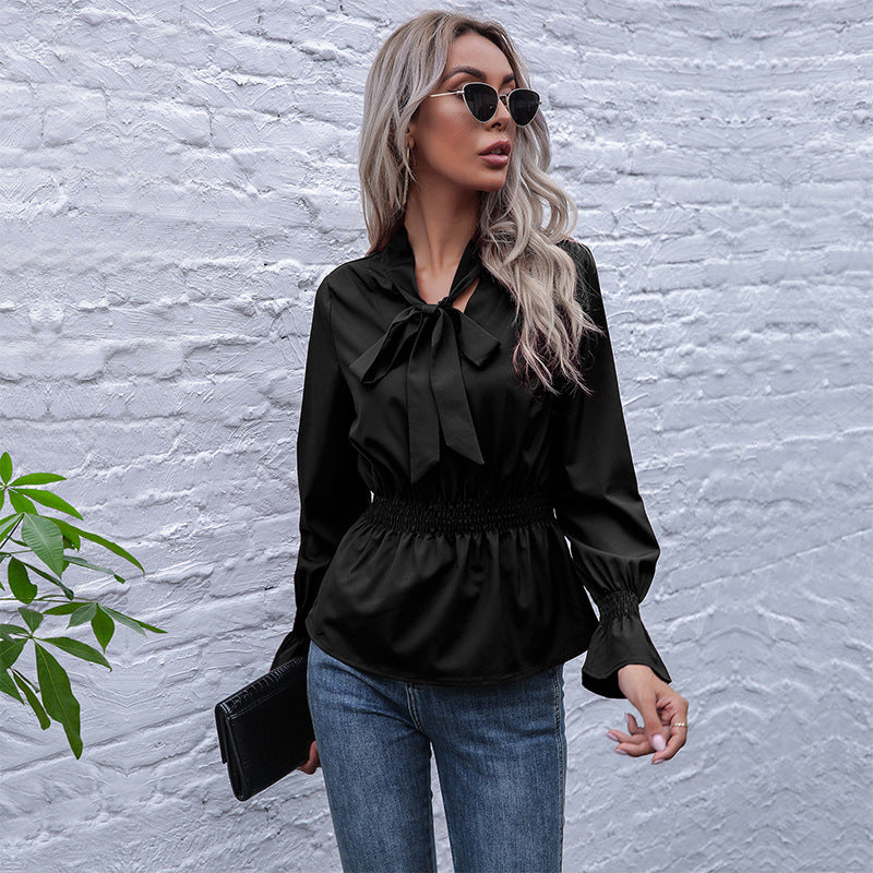 Damen elegante Bluse mit Schleifen-Ausschnitt und elastischem Bund EB