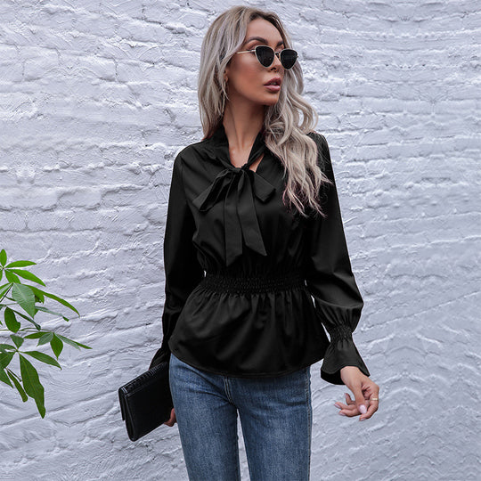 Damen elegante Bluse mit Schleifen-Ausschnitt und elastischem Bund EB