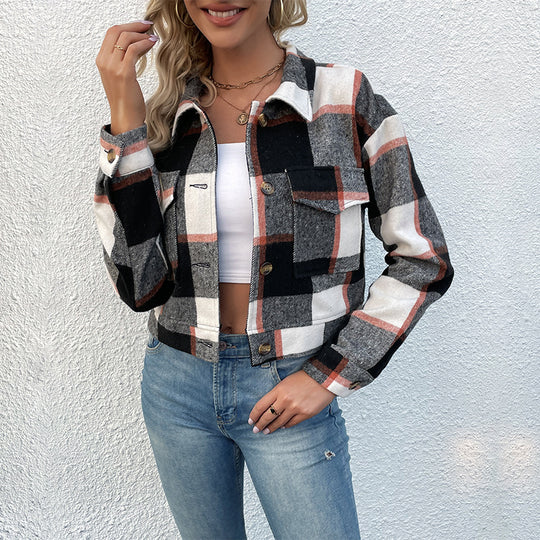 Damen Karierte Baumwolljacke mit modischem Schnitt und Taschen EB