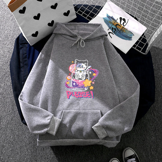 Damen nan oversized Kapuzenpullover im Streetstyle mit weichem Fleece-Innenfutter, Kängurutasche und farbenfrohem Cartoon-Katzen-Planet-Print EB