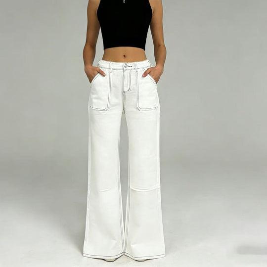Damen nan hochgeschnittene Relaxed-Jeans mit geradem Bein und aufgesetzten Fronttaschen EB