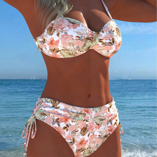Damen Wickel-Bikini-Set mit floralem Design und hohem Bund EB