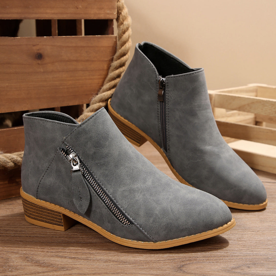 Damen Modische Stiefeletten mit seitlichem Reißverschluss und bequemem Blockabsatz EB
