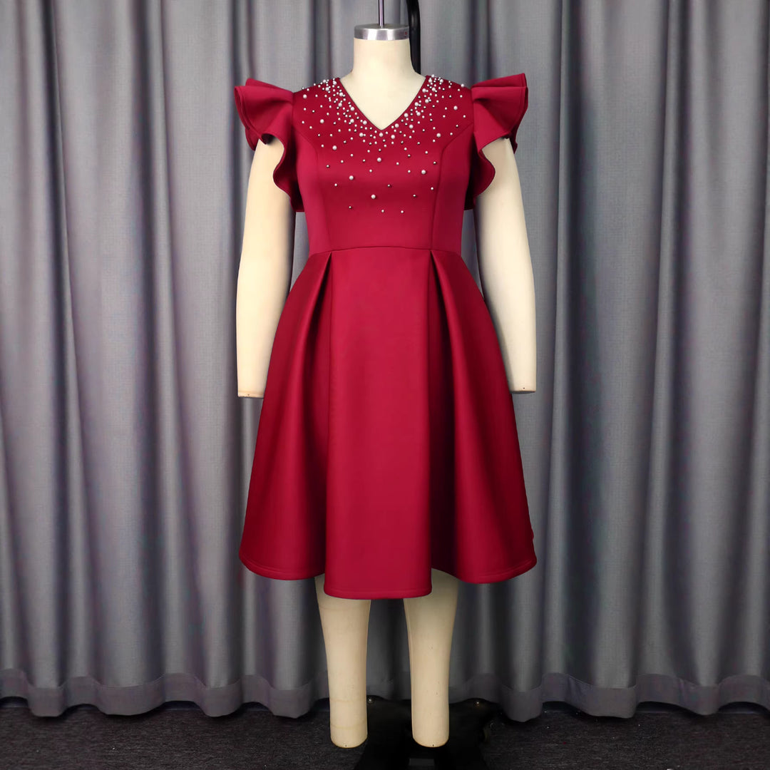 Damen A-Linien Kleid mit glitzernden Perlen und voluminösen Ärmeln EB