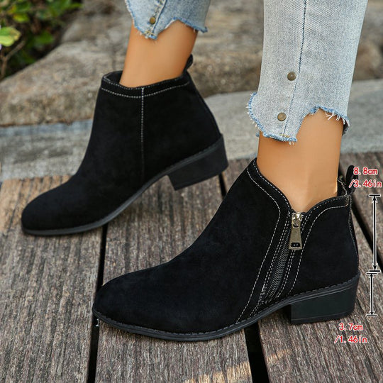 Damen elegante Ankle-Boots aus Velourslederimitat mit seitlichem Reißverschluss und niedrigem Blockabsatz EB