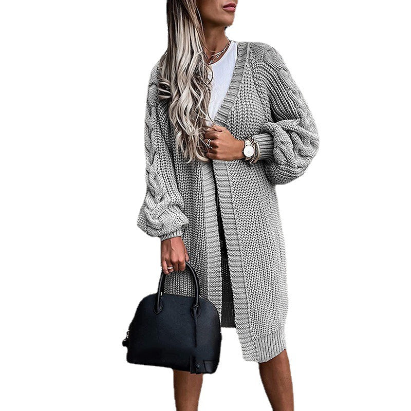Damen Langer Strickcardigan mit voluminösen Puffärmeln und offenen Seiten EB