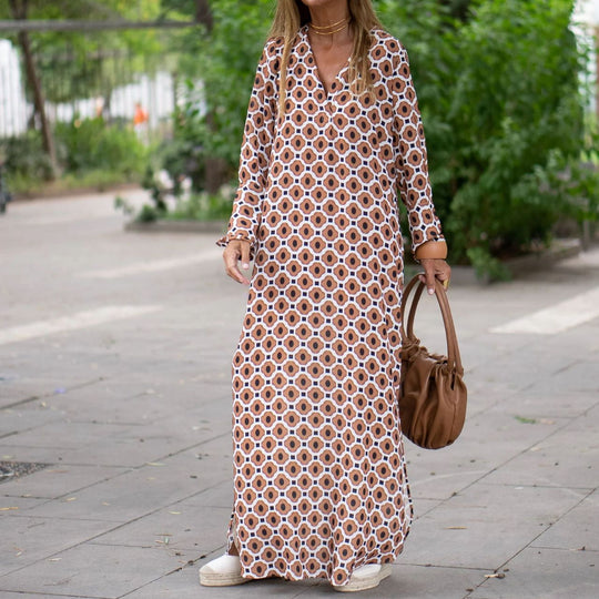 Damen Maxikleid mit modernem grafischen Muster und luftigen Ärmeln EB