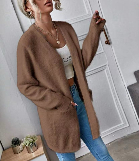 Damen Flauschiger Offener Cardigan aus weichem Material EB