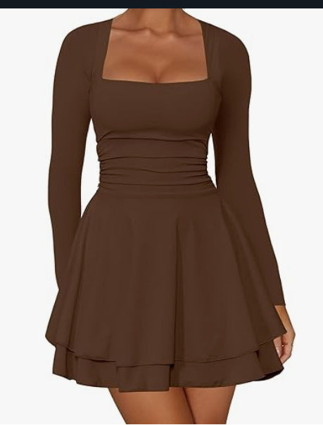 Damen Mini-Kleid mit langem Arm und voluminösem Rock EB