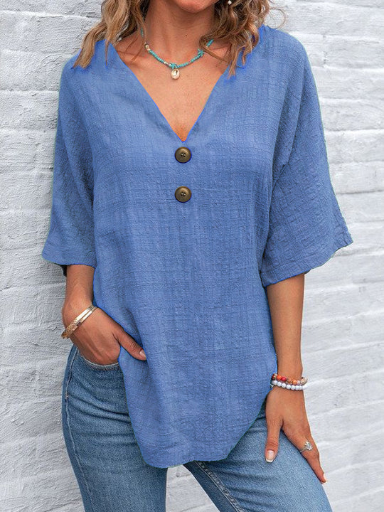 Damen V-Ausschnitt Bluse mit dekorativen Knöpfen und lässigem Schnitt EB
