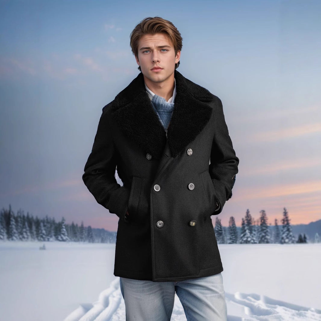 Herren elegante Wolle-Mantel mit hochgeschlossenem Fellkragen EB