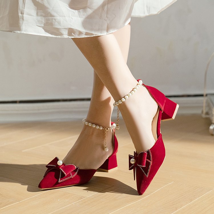 Damen elegante Pumps mit Perlenschleifen und Blockabsatz EB