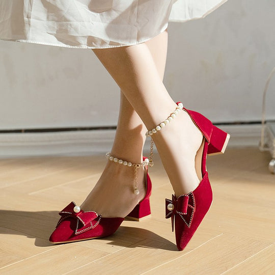 Damen elegante Pumps mit Perlenschleifen und Blockabsatz EB