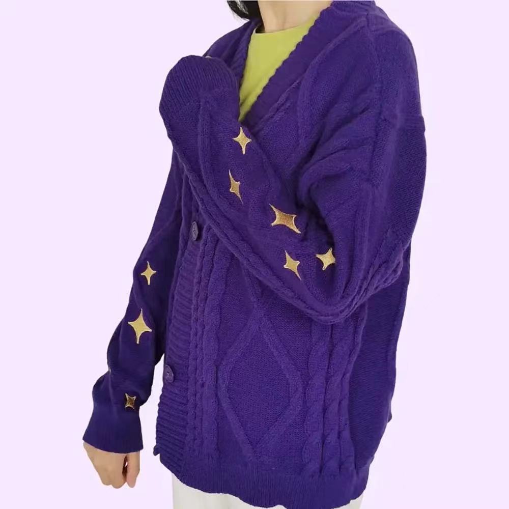 Damen nan oversize Strickcardigan mit Zopfmuster und Sternapplikationen V-Ausschnitt Knopfleiste EB