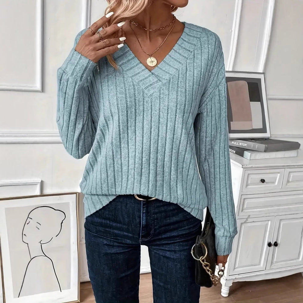 Damen Eleganter V-Ausschnitt Strickpullover mit Rippdesign EB