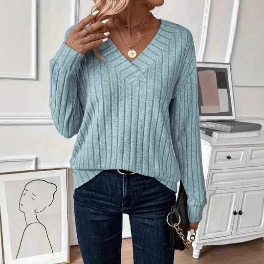 Damen Eleganter V-Ausschnitt Strickpullover mit Rippdesign EB