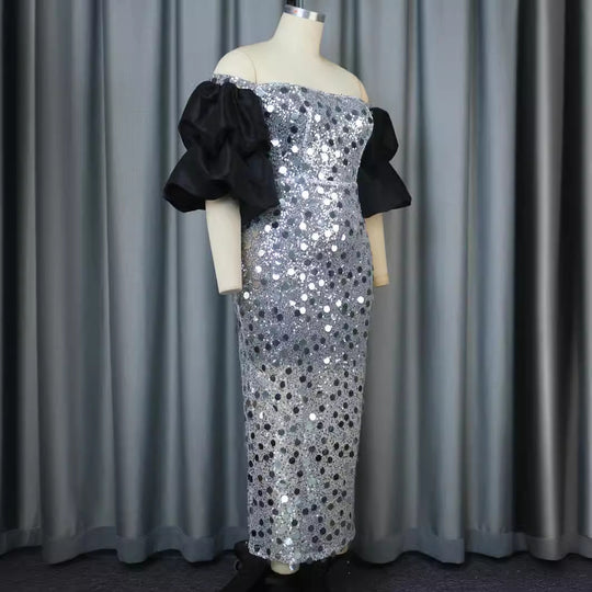Damen Glitzerndes Abendkleid mit voluminösen Puffärmeln EB