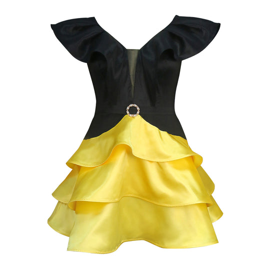 Damen Cocktailkleid mit voluminösem Rüschensaum und elegantem V-Ausschnitt EB