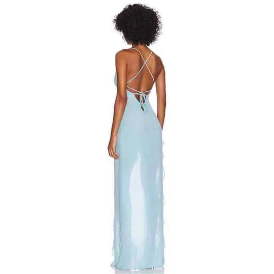 Damen elegantes Maxi-Kleid mit verführerischem Scherenschnitt und trägerlosem Design EB