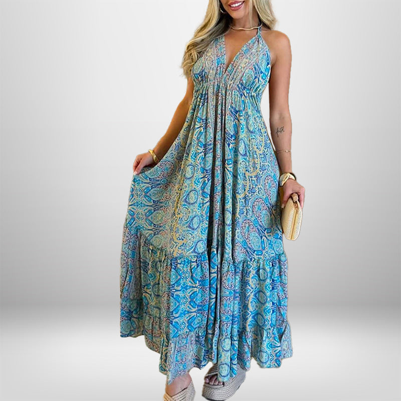 Damen Maxikleid Im Verspielten Boho-Stil mit Tiefem V-Ausschnitt und Schwingendem Rock EB