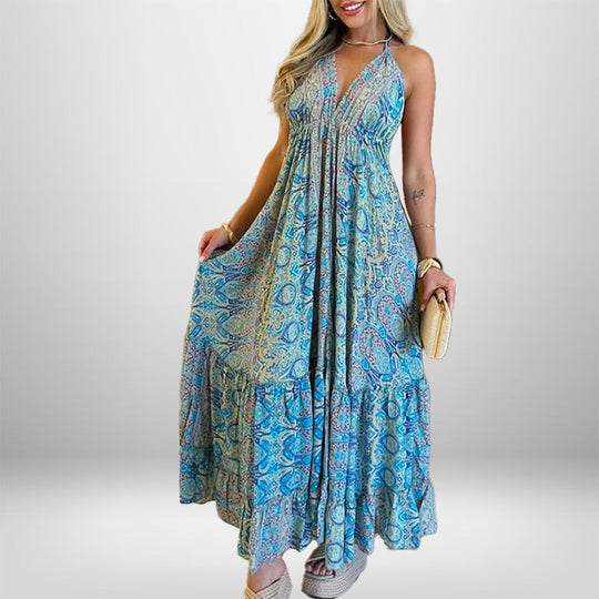 Damen Maxikleid Im Verspielten Boho-Stil mit Tiefem V-Ausschnitt und Schwingendem Rock EB