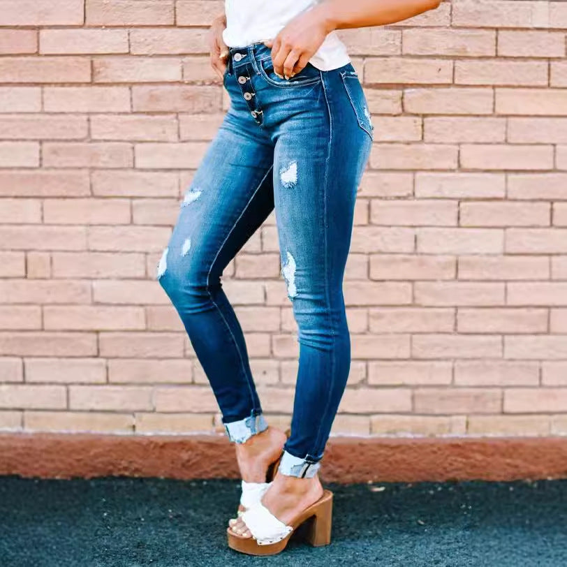 Damen High-Waist Skinny Jeans mit modischen Knopfdetails EB