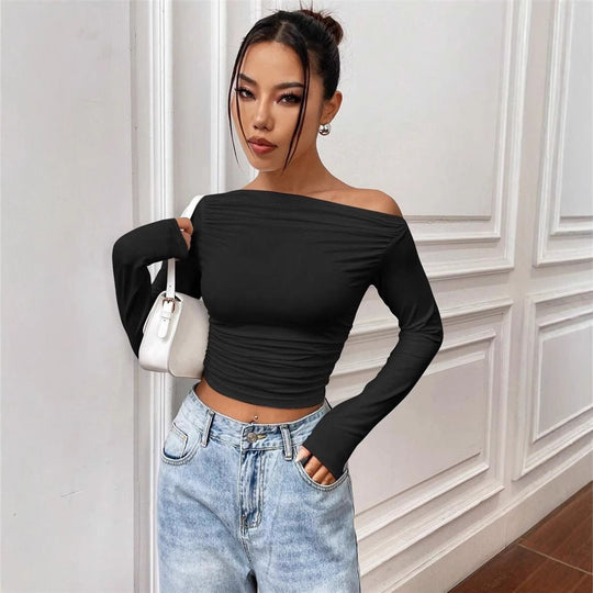 Damen Elegantes Off-Shoulder Langarmtop mit figurbetontem Schnitt EB