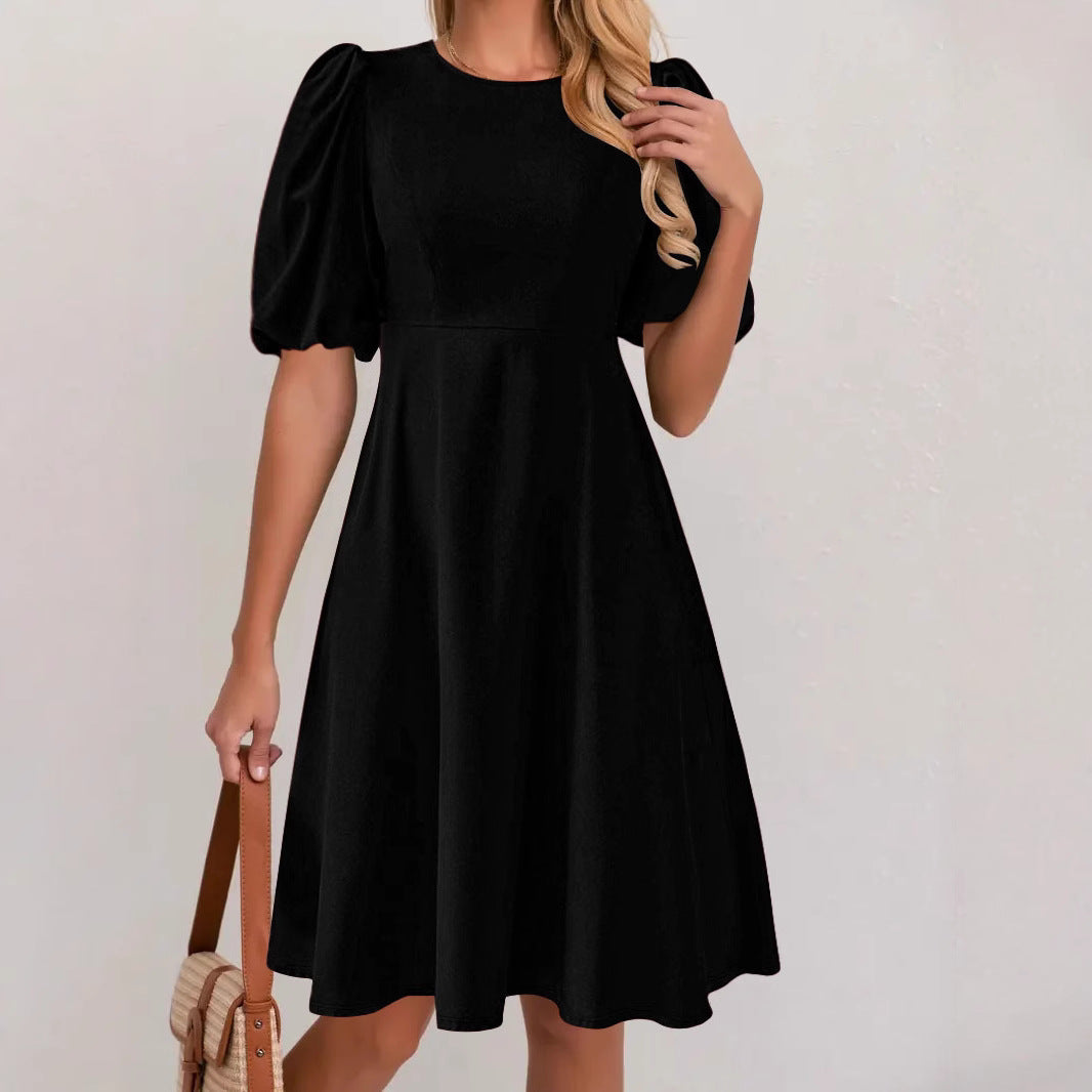 Damen Puffärmel Kleid mit fließendem Schnitt und Taillenbetonung EB